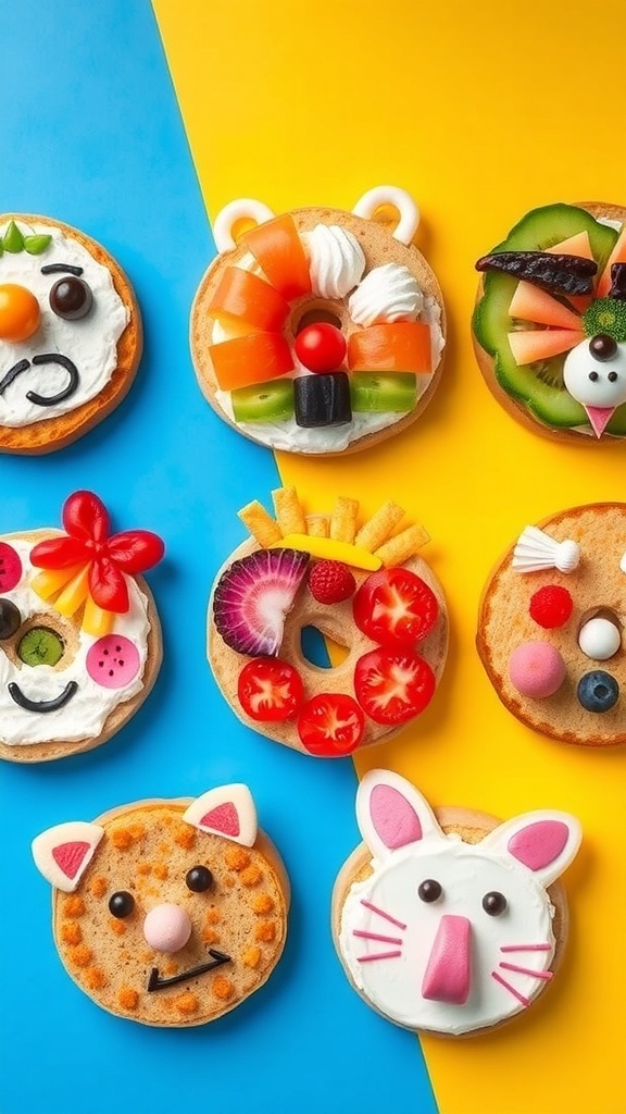 Creative bagel art with colorful toppings arranged on a platter.
